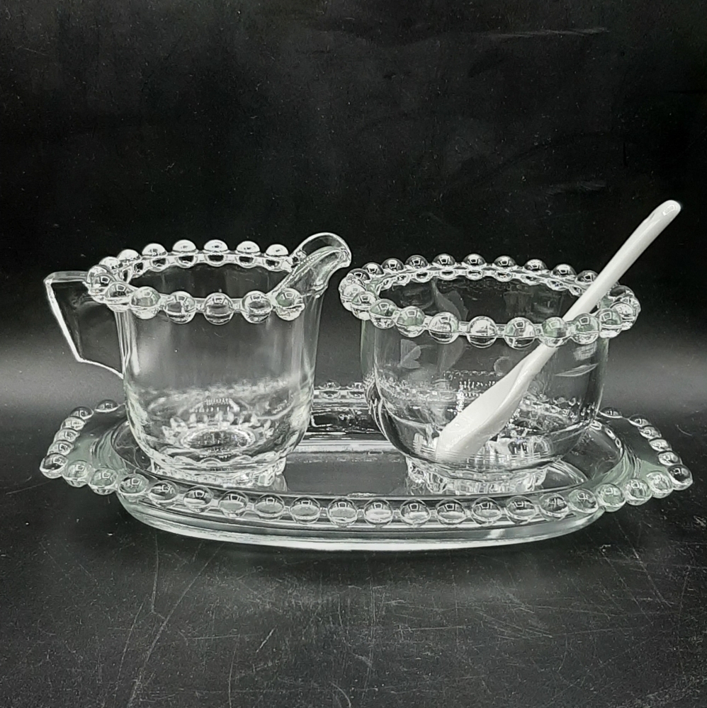 Vintage Imperial Clear Glass Creamer Sugar Bowl Tray Candlewick Pattern